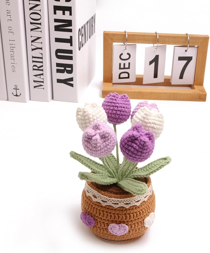 Crochet Simulation Tulip Potted Plants, Simulation Crochet with Long Flowers, Hand Crochet Lovely Woven Potted Plants, Home Office Desk Ornaments, Shop Decorative Flowers (6 Flowers-Purple)