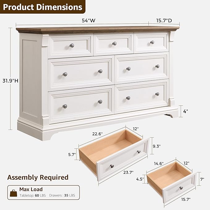 T4TREAM Farmhouse 7 Drawers Dresser for Bedroom, 54" Wide Wood Rustic Chest of Drawers w/Roman Column, Wooden Storage Dressers Organizer for Bedroom, Living Room, Closet, Antique White