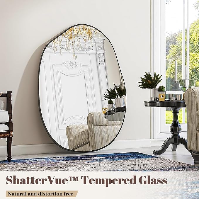 BEAUTYPEAK Asymmetrical Mirror, 22 x 32 Inches Irregular Wall Mirror, Wood Frame Unique Shape Wall Mounte, Decorative for Living Room Bedroom Entryway Hallway
