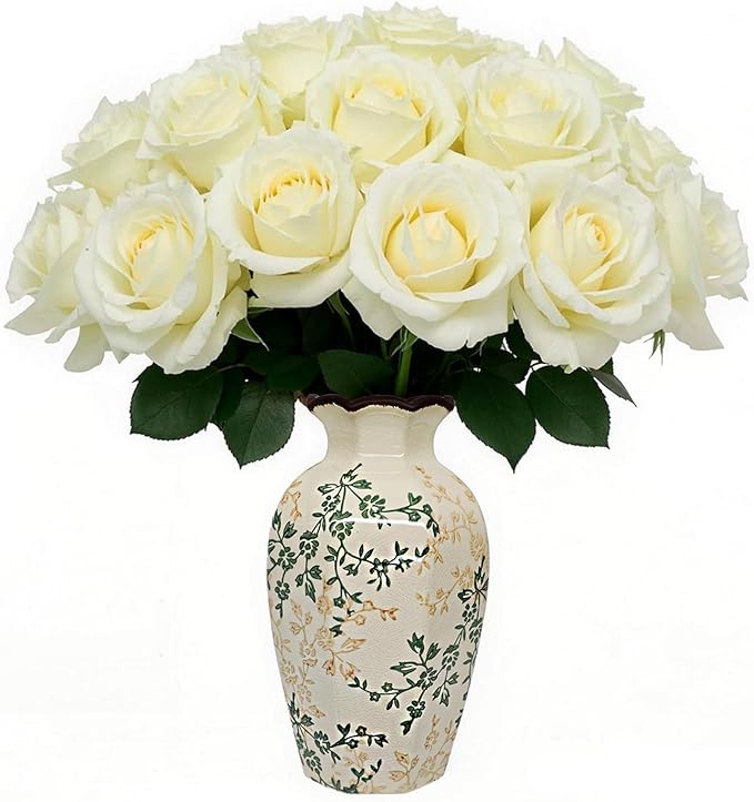 Vintage Ceramic Flower Vase Home Decor - Tabletop Rustic Tall Vase for Decor Living Room Bookshelf Office Kitchen Farmhouse Cottage, White Vases for Bouquet, Ruffled Rim | Grand Millennial | 9.1inch
