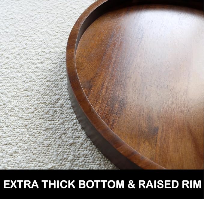 Acacia Wood Round Serving Tray, 13.8" Charcuterie Board with Rim, Decorative Centerpiece for Ottoman, Coffee Table, Couch, Kitchen Island, Round Serving Platter, 1 Pack