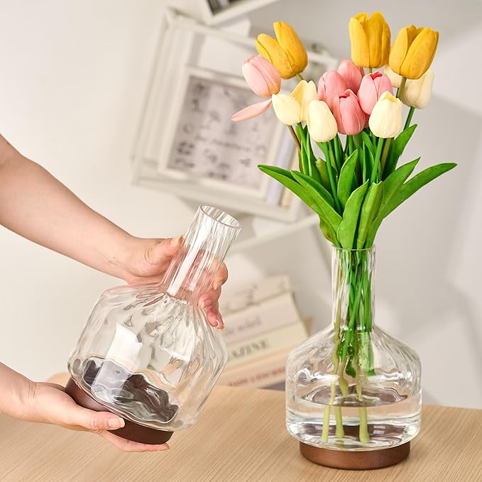 Clear Glass Vase Flower, Rippled Flower Vases with Wooden Base, 10-inch Modern Round Vases, Suitable for Living Room, Dining Room...