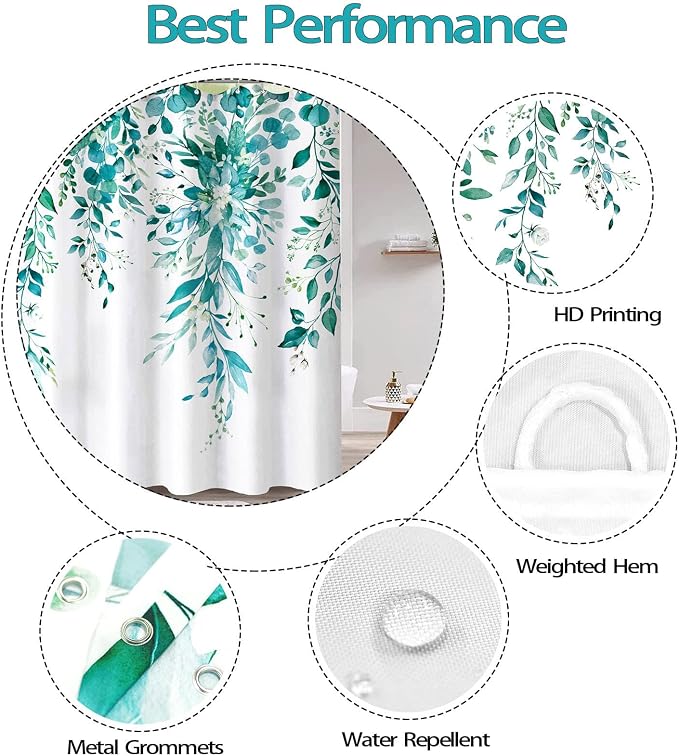 84 Inch Extra Long Teal Eucalyptus Shower Curtain Watercolor Floral Plant Leaf Shower Curtains for Bathroom Botanical Flower Waterproof Fabric Bath Curtain Decor with Hooks (Teal, 72'' x 84'')