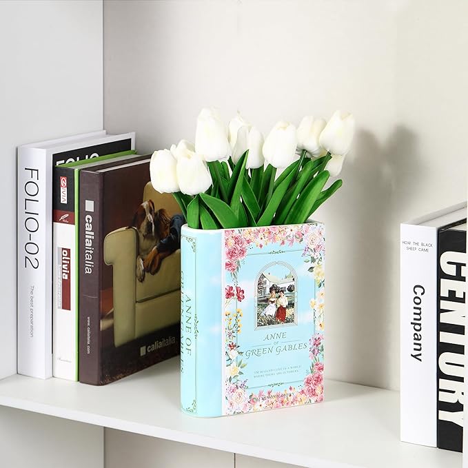 Ceramic Book Vase, Book Vase for Flowers, Ceramic Book Shaped Vase, Book Flower Vases Blue, Large Ceramic Vases for Home, Office, Bedroom, Living Room, Dining Table(Anne)