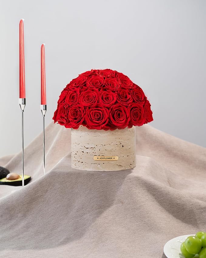 JoyFlower Preserved Flowers Vase, Yellow Cave Stone Flower Vases for Centerpieces, Eternal Flower Decorations for Party Home Living Room Bedroom Coffee Table, Red Flower Vase Unique House Decor