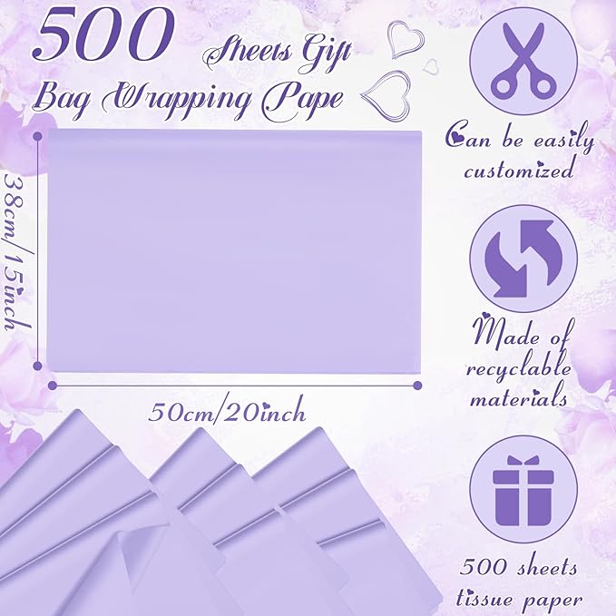 Qilery 500 Sheets Tissue Paper 15 x 20 Inch Acid Free Wrapping Gift Paper Crafts Bulk for Holiday, Birthday, Party Decor, Weddings, Baby Shower(15 x 20 Inch,Classic,Lavender)