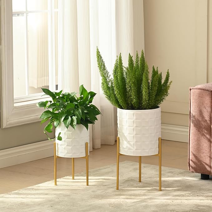 Modern Planter Pots, Set of 2 White Planters with Stand, Decorative Planters, Metal Pots with Drainage Holes for Living Room, Office, Garden