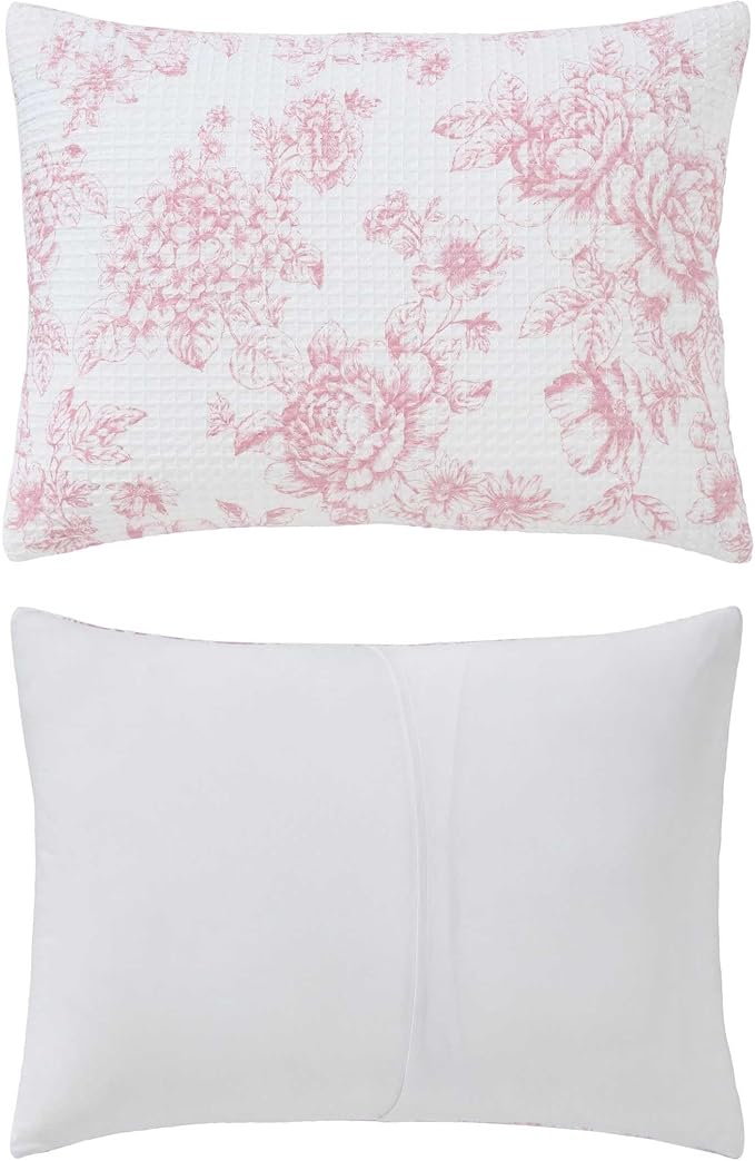 Laura Ashley - Comforter Set, Soft Poly Waffle Textured Bedding with Matching Shams, Delicate Floral Design (Delphine Pastel Pink, King)