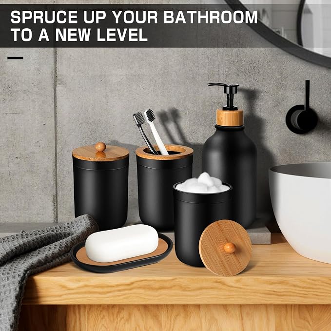 Black Bathroom Accessories Set 5 Pcs, Matte Black Bathroom Accessories, Plastic Soap Dispenser and Toothbrush Holder Set, Soap Dish, Cotton Swab Jar, Black Bathroom Set, Boho Bathroom Decor