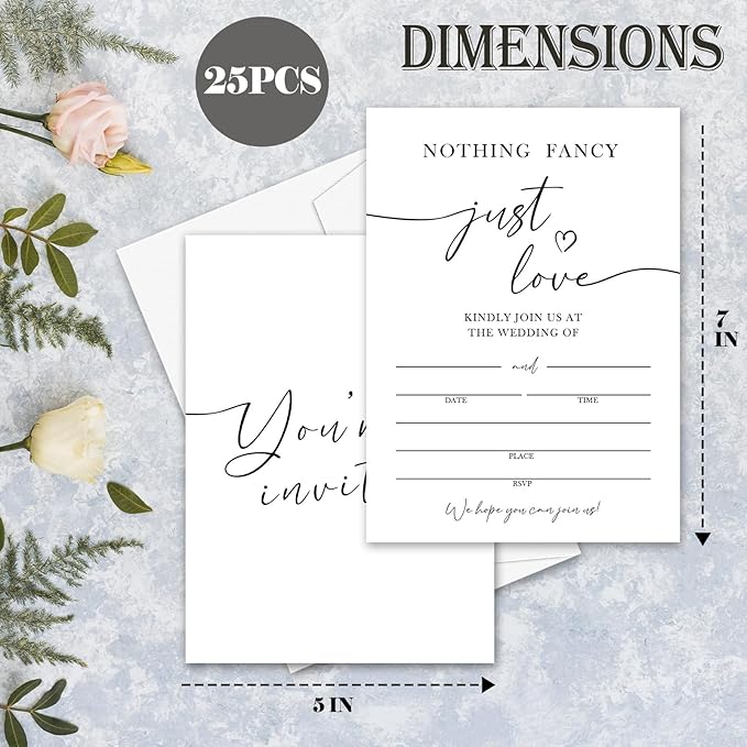 Minimalism White Wedding Invitations, 5"x 7" Nothing Fancy Just Love Wedding Invites Card With Envelopes, 25 PCS for Party Decorations and Supplies - A10