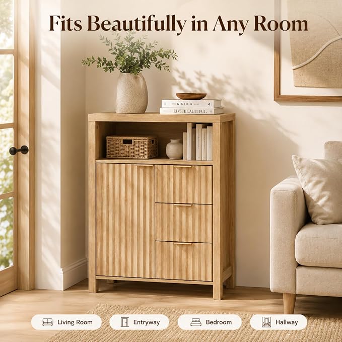 VINGLI Bathroom Storage Cabinet with 3 Drawers & Door, Slim Freestanding Floor Cabinet Organizer for Small Spaces, 30mm Thick-Look Top & Legs, Adjustable Shelf, Modern Fluted Cabinet, Natural Oak