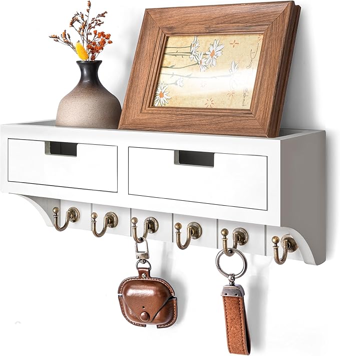 Rebee Vision Key Holder Wall Mount with Drawer Organizer: Mail Organizer with 6 Key Hooks & Dual Drawer Storage - Room Decor for Home and Apartment Essentials (White & Golden Hooks)