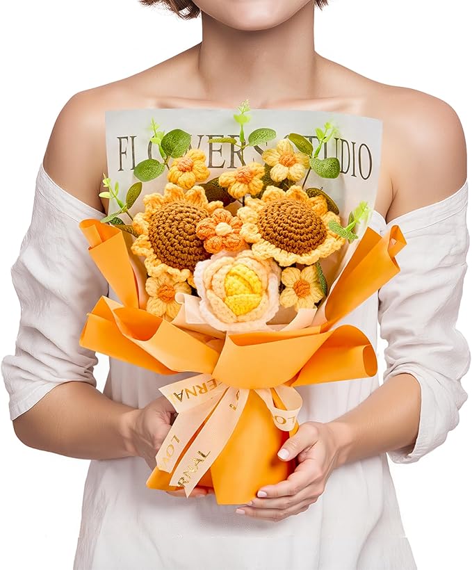 Crochet Flower Bouquet Gift for Wife Mother Girlfriend Fiancee Women, Handmade Artificial Crochet Flowers Knitted Sunflower for Thanksgiving Gift,Birthday Anniversary Present Home Decor Family
