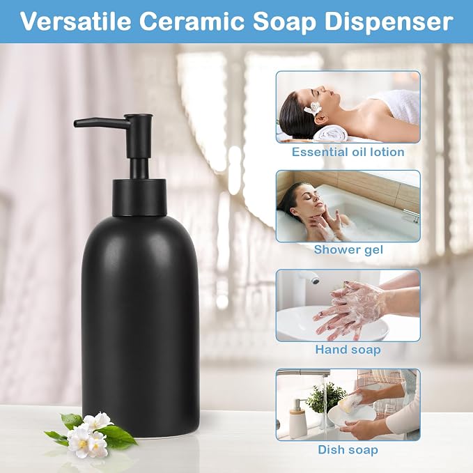 Natheeph 14OZ Ceramic Soap Dispenser Ceramic Soap Pump Dispenser Can Fill Liquid for Bathroom/Kitchen (Black)