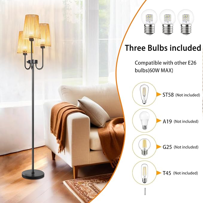 3 Lights Boho Floor Lamp for Living Room, Farmhouse Standing Lamp with Rattan Shades and Bulbs, Adjustable Color Temperature, 65" Rustic Tree Tall Lamps for Bedroom,Office, ON/Off Foot Switch