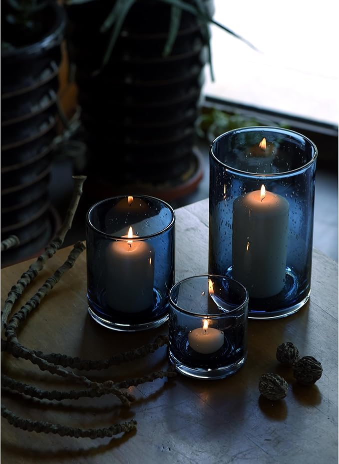 ARIAMOTION Blue Candle Holder for Pillar Tealights Modern Bubbles Glass Hurricane Cylinder Vases Table centerpieces Kitchen Island Dining Room Coffee Bar 8" 5" 3.5" Height Set 3