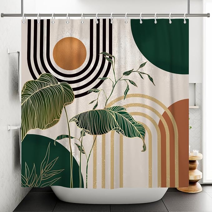 Boho Green Geometric Shower Curtain Bohemian Abstract Mid Century Tropical Bathroom Curtain Minimalist Modern Palm Leaf Shower Curtain Sets for Bathroom Extra Long 72x96 in with 12 Hooks