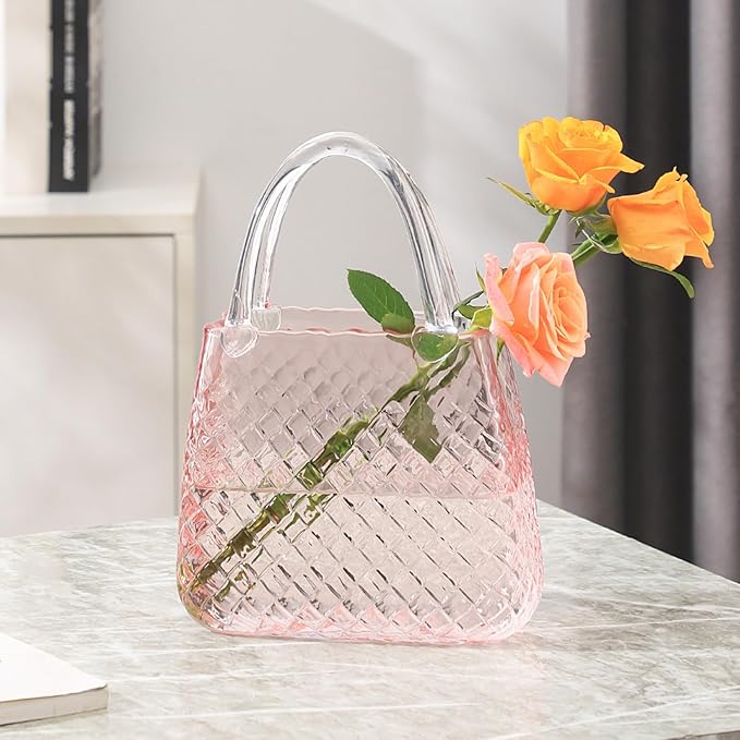 Purse Vase, Glass Bag Vase, Glass Purse Vase for Flowers, Pink Vases, 12 Inch Large Flower Vase with Embossed Pattern for Wedding, Living Room, Bedroom, Table, Office(Round)