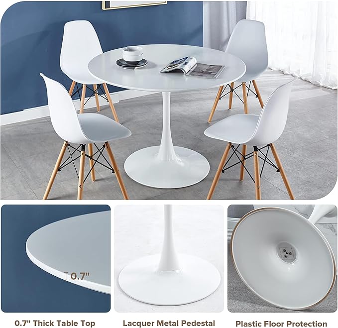 5-Piece Round Dining Table Set,42" Mid-Century Modern Kitchen Table with 4 Chairs,Tulip Pedestal Table & Solid Wood Legs,Space Saving Compact Furniture for Small Spaces Apartment Home,White