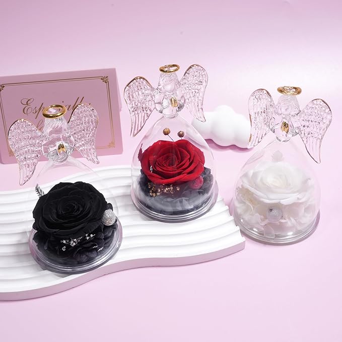 Yamonic Mom Birthday Gifts for Mom, Angel Figurines with Real Rose Gifts for Her Mom Grandma,Preserved Rose Angel Figurines for Women, Mothers Day Christmas Valentine's Day Gifts for Women (Black)