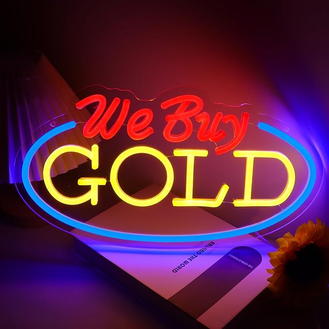 We Buy Gold Neon Sign for Wall Decor, Dimmable Gold Jewelry Shop Store Light up Display LED Light, Red and Yellow Neon Lights for Accessory Store