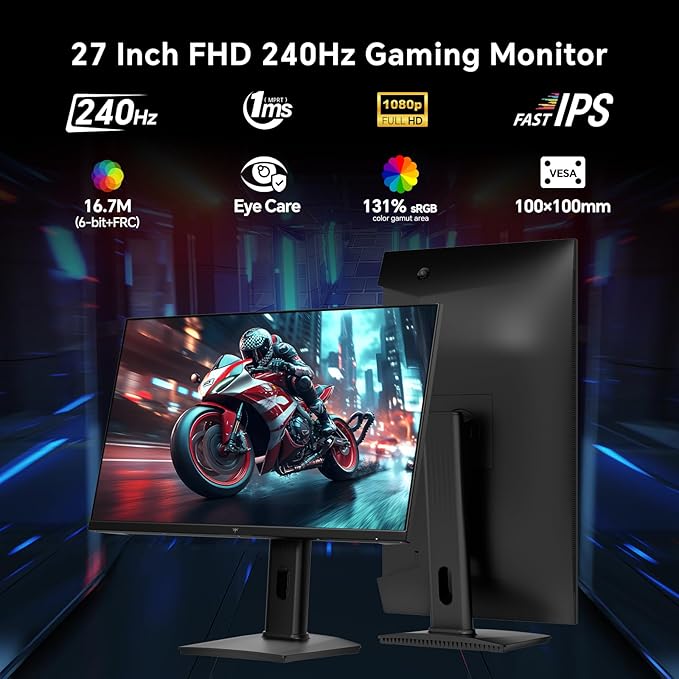KTC 27 Inch Gaming Monitor 240Hz, FHD 1080p Fast IPS Computer Monitor with Adaptive Sync, HDR, Height Pivot Tilt Adjustable, Vesa Mount, HDMI/DP/USB, H27F7
