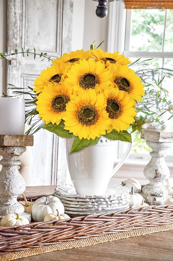 Large Sunflowers Artificial Flowers 6+7" Full Bloom Long Stem Artificial Sunflower 26" Tall Sun Flowers Giant Silk Sunflowers with Stem Fake Sunflower Floral Arrangement for Home Wedding Decoration