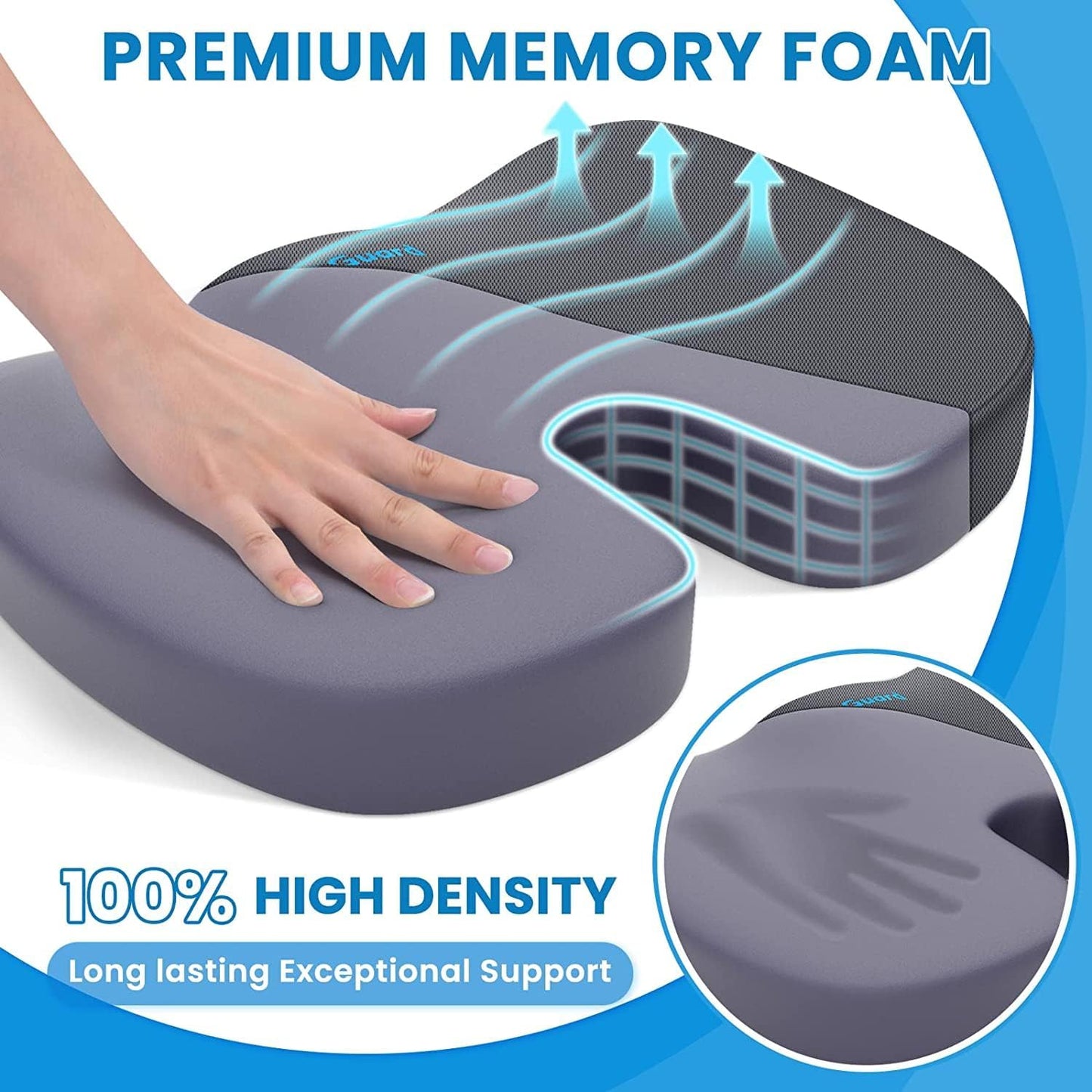 TushGuard Seat Cushion - Memory Foam Tailbone Pain Relief Pad for Office & Car | Non-Slip, XXL, Gray