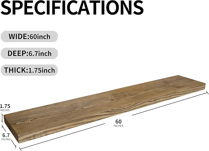 BGMG Wood Floating Shelves for Wall 60 inch Set of 2,Dark Walnut Floating Shelves,Solid Wood Wall Mount Shelves for Living Room Bedroom Kitchen Farmhouse-60x 6.7 x1.75 inch