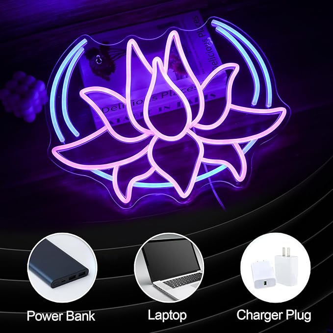 Moon Lotus Flower Neon Sign Dimmable Blue Moon Neon Light Sign for Wall Decor USB Power Purple Lotus Led Light Up Sign for Bedroom Yoga Room Game Room Man Cave