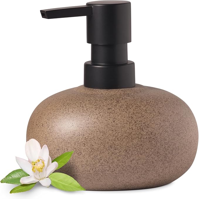EMPO Ceramic Hand Soap Dispenser with Matte Black Pump, Stone-Textured Wabi-Sabi Liquid Dispenser for Bathroom Vanity and Kitchen Sink (300ml/10.14oz)