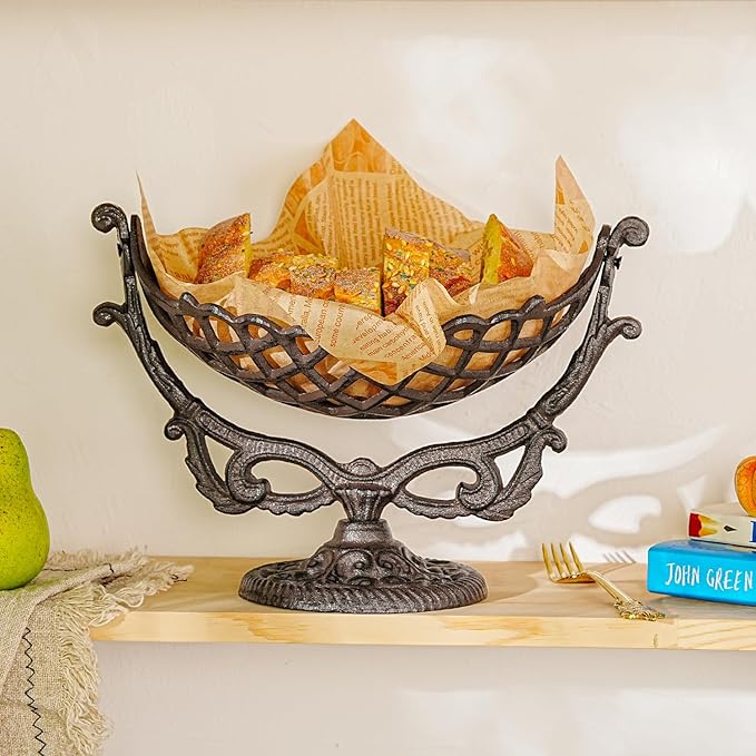 Sungmor Vintage Cast Iron Fruit Basket Bowl – Rustic Decorative Countertop Fruit Holder, Heavy-Duty Metal Kitchen Organizer, Antique Farmhouse Table Centerpiece, Black