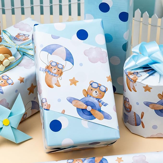 HOMERAL Baby Boy Wrapping Paper Roll - Adorable Blue Pilot Bear Design, Reversible Gift Wrap for Boy Birthday, Boys Baby Shower, Gender Reveal - Stars, Dots, Airplane and Parachute - 17 Inch x 33 Feet