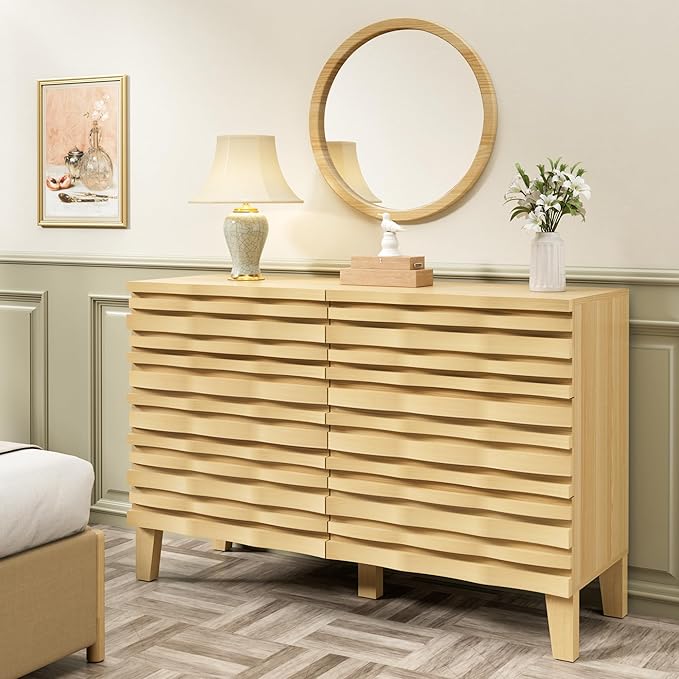 UEV Solid Wood 6 Drawer Dresser for Bedroom, Mid-Century Modern Chest of Drawers with Handmade Rhythmic Arc Line, Boho Style Fluted Dresser for Living Room, Entryway (Ivory White)