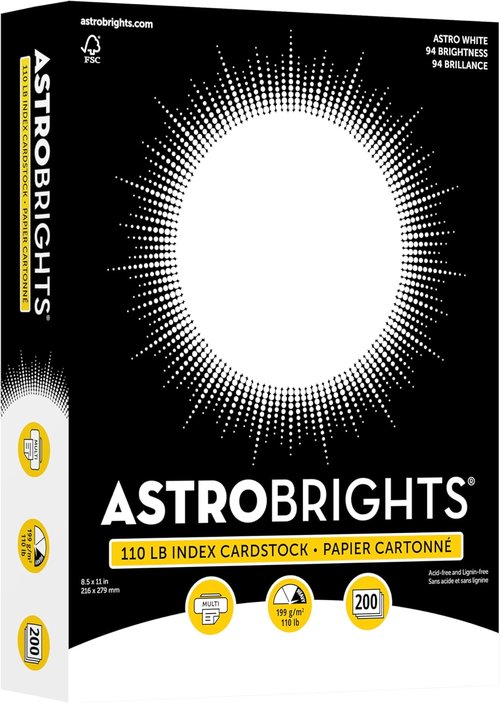 Astrobrights Premium White Cardstock - 110 lb, 94 Brightness, 200 Sheets | 8.5" x 11" Heavyweight for Invitations & Crafts