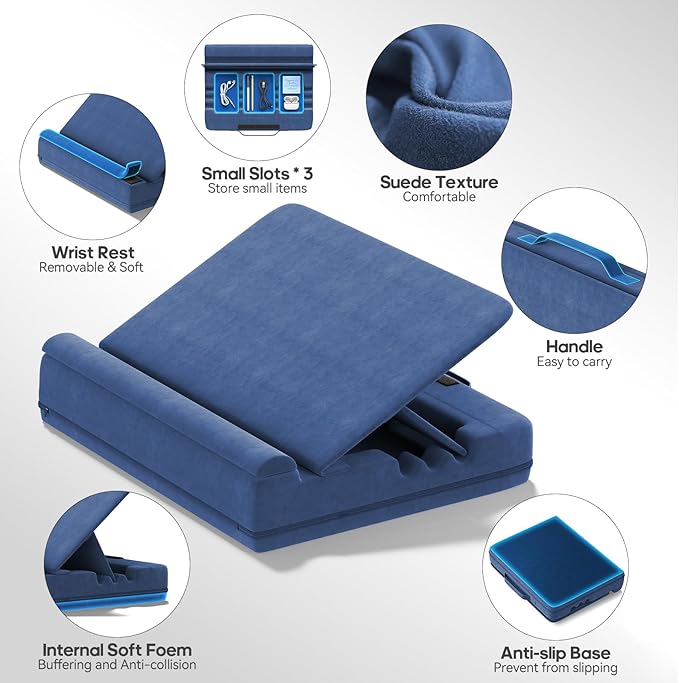 Laptop & Tablet Desk for Lap with Cushion, Computer Lap Desk Laptop Pillow for Couch, Bed, Car, Adjustable Computer Pillow Stand As Carrying Case for up to 15'' PC/Mac, Tablet, iPad, Kindle, Blue