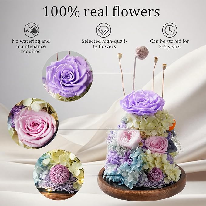 Flowers for Delivery - Forever Flowers Rose in Glass Dome with LED Lights, Large Size Preserved Roses Gifts for Women, Mom, Wife, Friend -Birthday, Anniversary, Valentine's Day Gift (Purple+Pink)