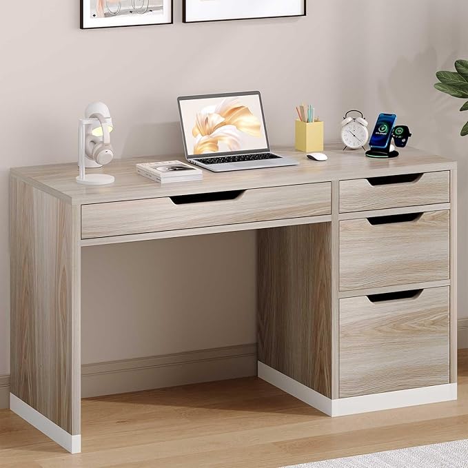 52 Inch Small Desk with Drawers, Walnut Desk with Storage, Computer Desk with Filing Cabinet，Study Desk for Kids, Bedroom