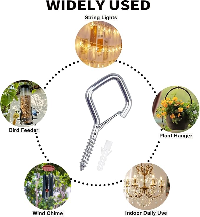 Sexoeie 50 PCS Sliver Eye Screw Hooks for Hanging Heavy Duty with Safety Buckle.Metal Ceiling Hooks for Hanging Plants Cup Wind Chime Bird Feeders Patio Lights at Indoor&Outdoor