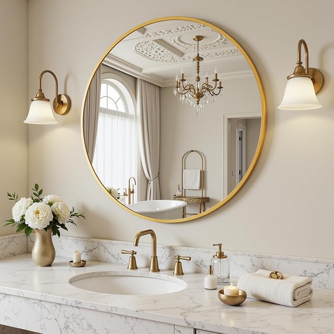 Antok 20 Inch Round Mirror for Wall, Round Bathroom Mirror, Circle Wall Mirrors with Gold Metal Frame, Circle Mirrors Suitable for Wall, Bathroom, Vanity, Living Room, Entryway