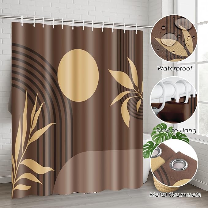 Boho Mid Century Shower Curtain Set with Toilet Lid Cover and Non-Slip Rugs, Abstract Geometric Brown Background 4 Pcs Modern Minimalist Vintage Shower Curtain for Bathroom Set with 12 Hooks