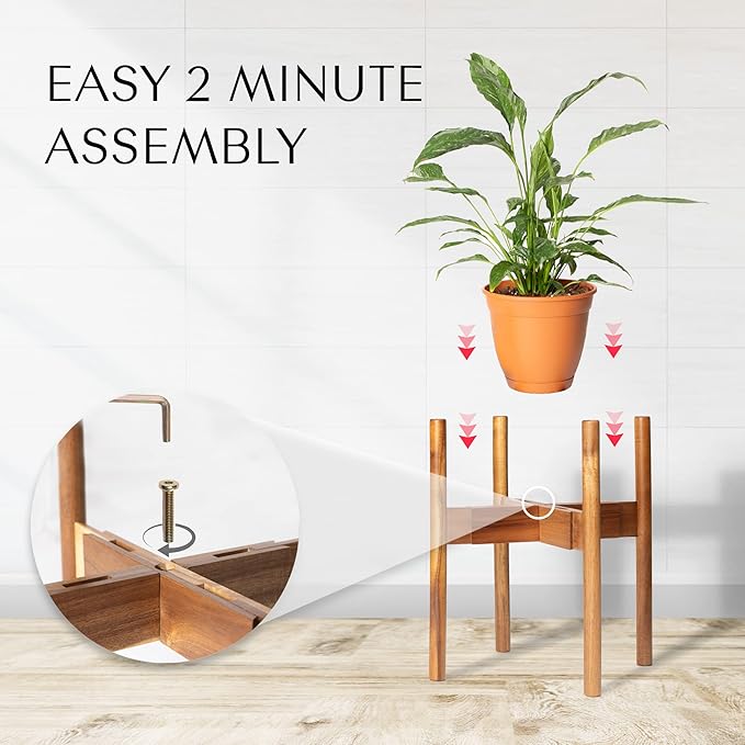 RAINBLELAND Acacia Hardwood Adjustable Plant Stand Indoor, Planter Stand Pot, Mid Century Modern Planter Holder for Indoor Plants, Outdoor Pedestal fits 8 9 10 11 12 Inches Pots, Wooden Pedestal Only