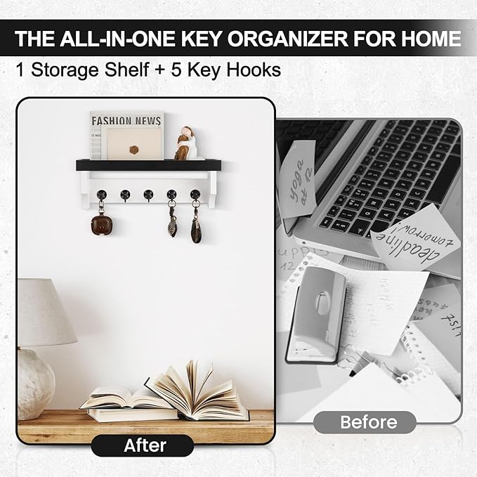 Lucundm Key and Mail Holder Wall Mount, Key Holder with Shelf and Mail Organizer Wall Mount. Mail Holder with 5 Hooks for Coat, Dog Leash, Home Decor Rack, Entry Way Organizer (Black & White)
