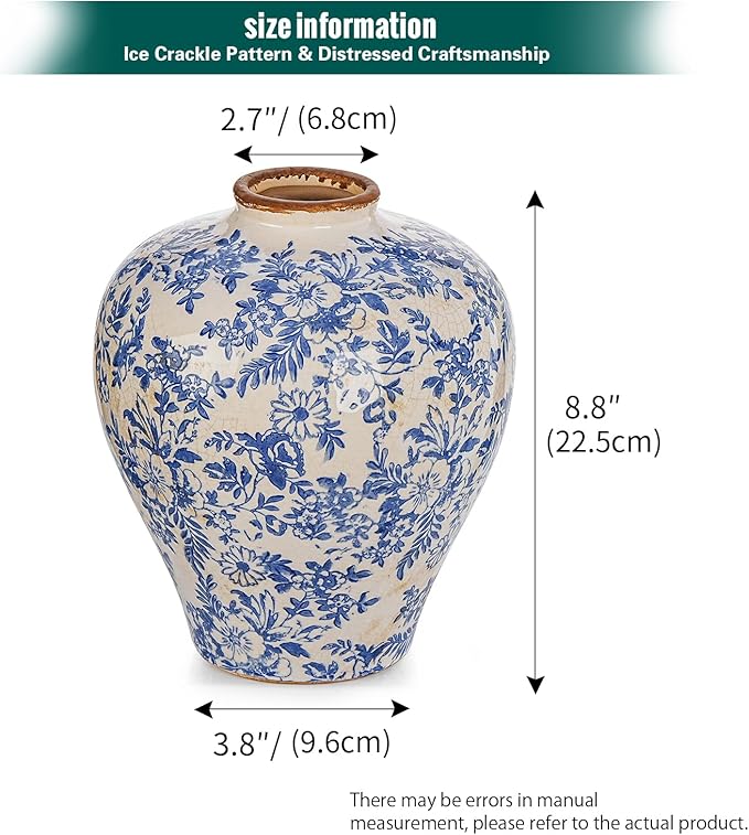 Sungmor Vintage Ceramic Flower Vase - 9.4 Inch Retro Ice Cracked Glaze Chinoiserie Vase, Rustic Farmhouse Home Décor Accent for Dried Flowers, Greenery - Table Centerpieces, Shelf, Mantel Decor