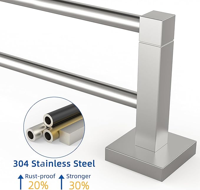 RUACQ Double Towel Bar, 24 Inch Towel Racks for Bathroom Wall Mounted, 304 Stainless Steel Bath Towel Rod with Square Base(Brushed Nickel)