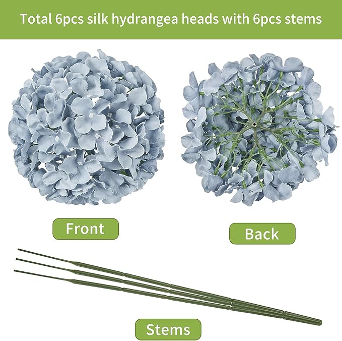 DuHouse Silk Hydrangea Artificial Flower Heads with Stems Fake Hydrangeas Flowers for DIY Wedding Centerpiece Home Decor,Pack of 6 (Dusty Blue)