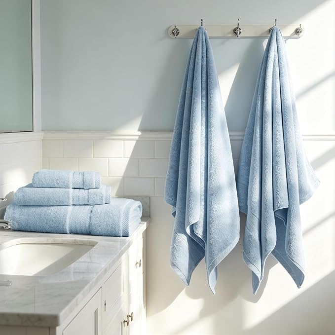 COZYART Light Blue Towels Set for Bathroom 3Pcs, Turkish Cotton Bath Towels Sets for Bathroom Soft Highly Absorbent 650 GSM with 1 Bath Towel, 1 Hand Towel, 1 Washclothe