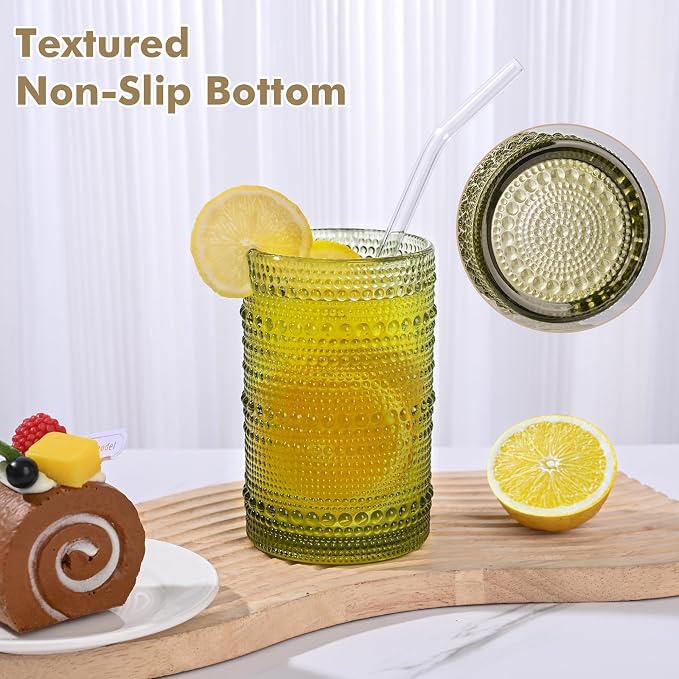 ZMOWIPDL Vintage Hobnail Drinking Glasses Set of 8,Green 12 oz & 15oz Highball Glass Cups, Kitchen Drinkware Glassware,Embossed Water Tumbler,for Beer,Cocktail,Whiskey,Juice and Various Mixed Drinks