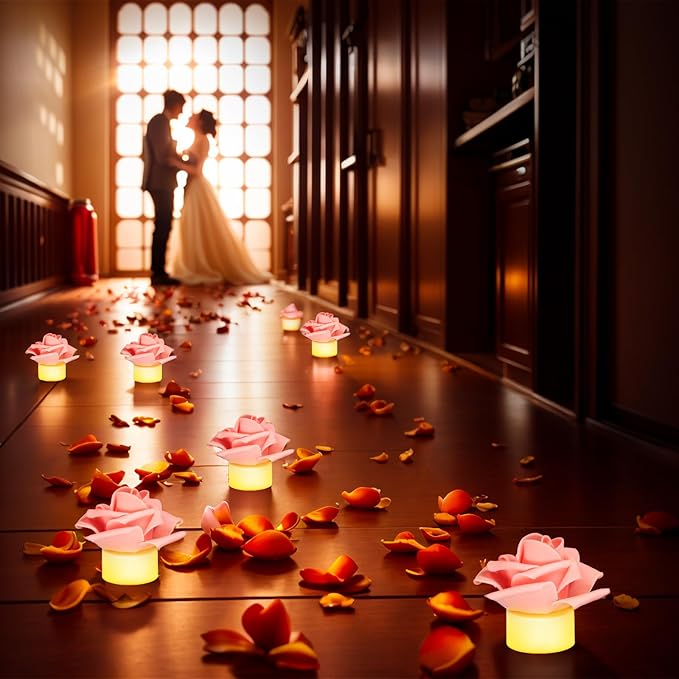 12 Pack Led Candles with Artificial Flowers, 200+Hour Battery Operated Tea Lights Candles for Centerpiece Table, Party, Wedding Decorations (Pink)