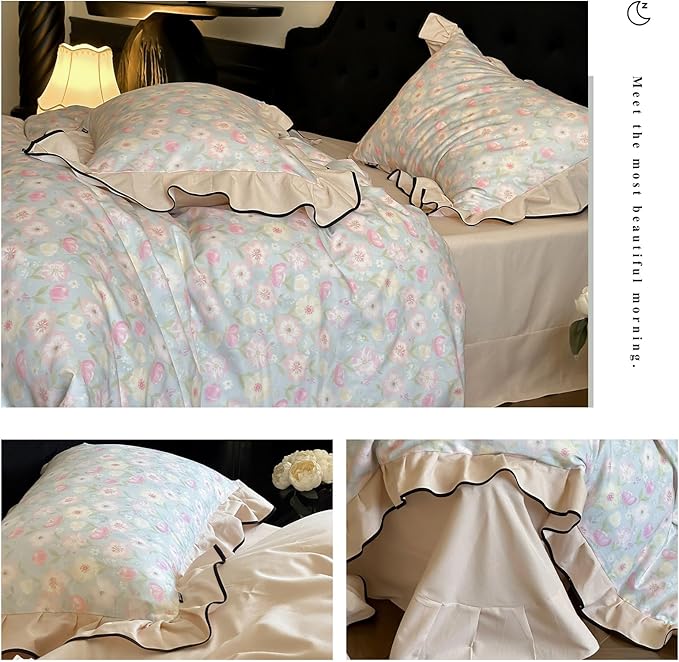 HighBuy Pink White Floral Duvet Cover Twin XL Ruffle Lace Design,Premium Brushed Cotton Durable with Beige Lace Edge Coquette Rose Floral Comforter Cover Set for College,Farmhouse Bedding Set